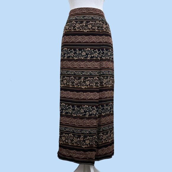brown navy and burgundy striped floral y2k faux wrap maxi skirt - Picture 1 of 8